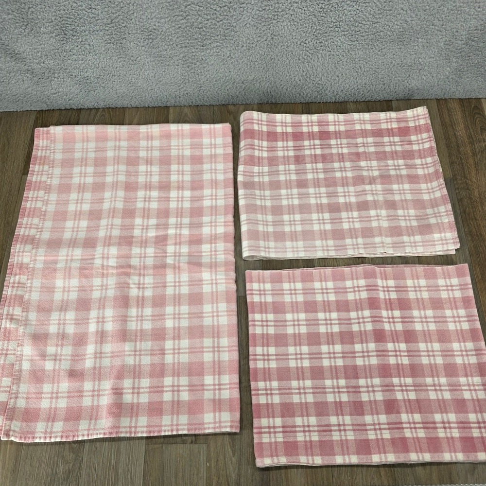 Vtg Pink White Plaid Tablecloth and 2 Window Valences Set Farmhouse Cottagecore